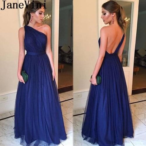 JaneVini Sexy Tulle A Line Evening Dresses Long Simple One Shoulder Backless Abito Lungo Navy Blue Women Prom Formal Gown 2019