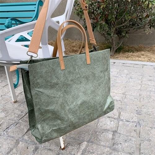 2021 New Kraft Paper Tote Waterproof Shoulder Bag Tear-resistant Environmentally Friendly Large Capacity OL Office Handbag