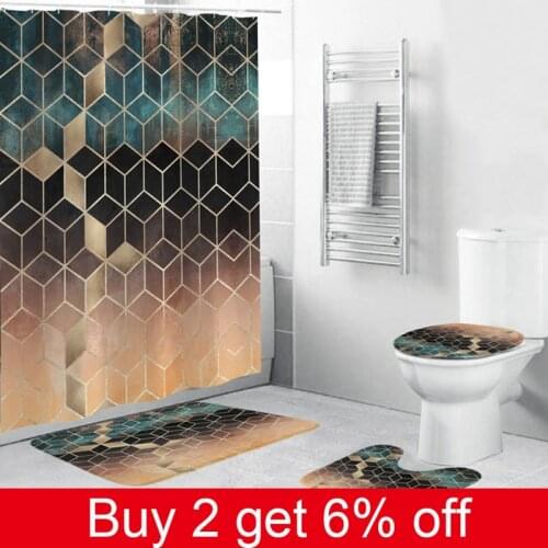 Gradient Marble Pattern Shower Curtain with Bath Mat Set Geometric Toilet Carpet Floor Mat Washable Toilet Seat Cover Mat