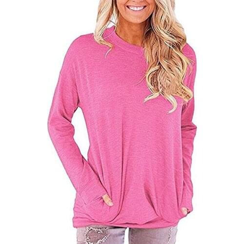 Womens Ladies Round neck Pocket T-shirt long-sleeved top Loose Slim Tops