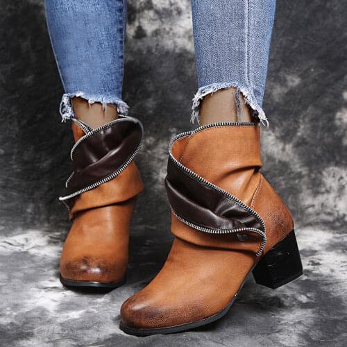 Retro Women Boots PU Leather Slip on Woman Zipper Thick Heels Shoes Ladies Ankle Boots Cowboy Pleated 2021 Winter Female Fashion
