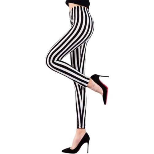 Womens Mid Rise Ankle Length Stretchy Leggings Black White Vertical Striped Print Yoga Sports Casual Capri Pants Elastic N2UE