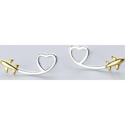 100% Real 925 Sterling Silver Cute Two-tone Heart and Airplane Stud Earrings for Women Girls Birthday Gifts