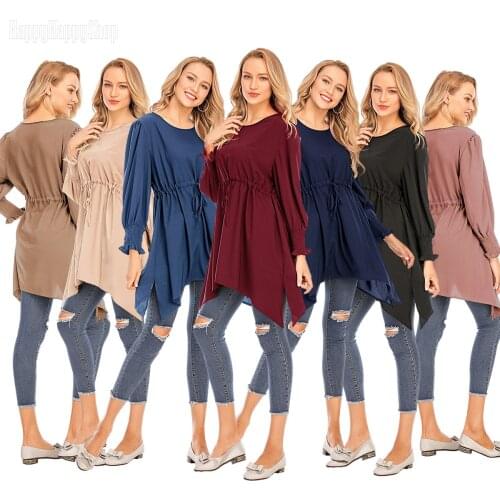 Plus Size Women Drawstring Chiffon Pullover Shirts Long Sleeve Blouse Tops Muslim Turkish Casual Clothing Irregular Dress