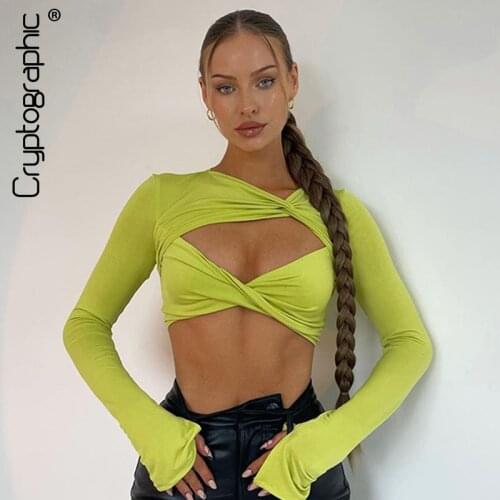 Cryptographic Long Sleeve Spring Autumn Womens Cropped Tops Cut Out Sexy Green Tops T-Shirts Wrap Elegant Top Tees Slim Clothes