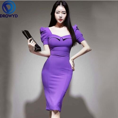 Fashion Summer Korea Knee-Length Womens Dress Puff Short Sleeve Pencil Bodycon Purple High Waist Sexy OL Office Dress Vestidos