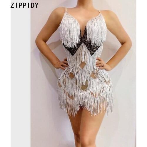 Black Rhinestone White Fringe Transparent Dress Prom Birthday Celebrate Outfit Bar Club Wear Women Dance Short Dress