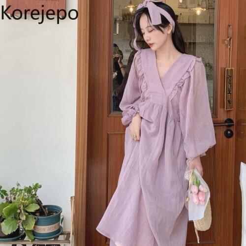 Korejepo Women Dress 2021 Autumn New Japanese Style Sweet Retro Gentle Fairy Solid Purple Over The Knee V-neck Long Dress Female