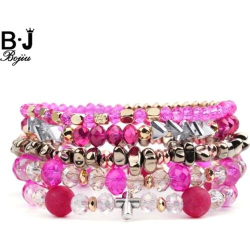 5 Pcs/Set Boho Womens Bracelets Elastic Faceted Crystal Red Stone Vintage Gold Irregular Hematite Beads Bracelets Gift BCSET262
