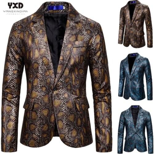 Bronzing Snake Printed Blazer Mens Suits Tuxedos Club Bar Wear Best Man Blazer Business New Fashion Groomsman Slim Casual Jacket