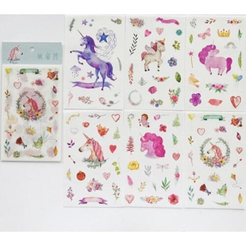 6 Sheets /Pack Unicorn & Plants Washi Paper Decorative Stickers