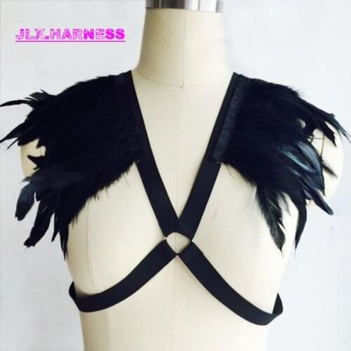 Black elastic suspenders with feathers cage bra , party festival wings, statement shoulder Feather bralette top harness belt