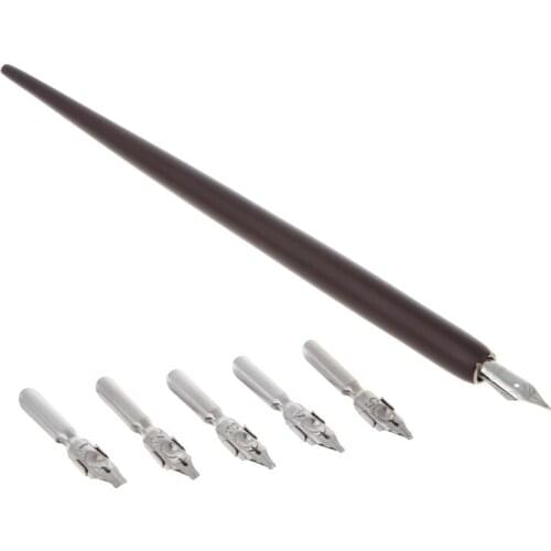 1set Wood English Calligraphy Pen Copperplate Script Oblique Dip Pen Holder + 5 Nib