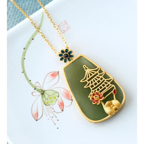 Ancient gold craft natural Hetian jade geometric flower enamel porcelain ancient pavilion luxury ladies silver jewelry