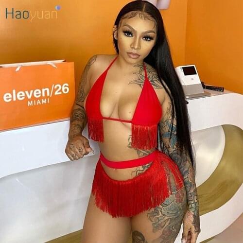 HAOYUAN Summer 2 Piece Bathing Suit Backless Off Shoulder Crop Top Tassel Thongs Beachwear Outfits Sexy Night Club Matching Sets