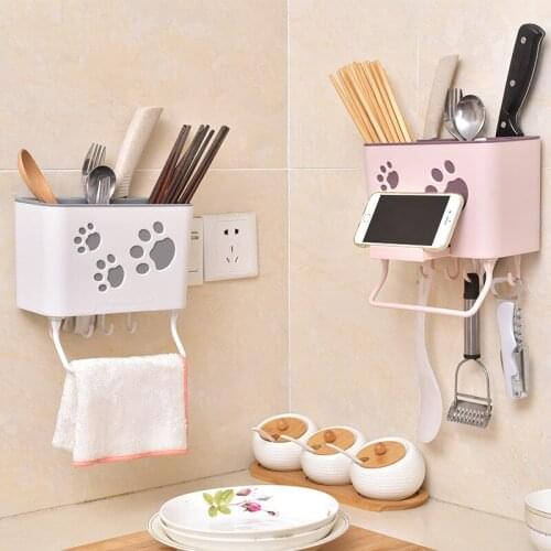 Multi-Function Utensil Holder Knife Block PP Flatware Storage Box Spoon Fork Kitchen Organizer Rack Hanging Holder Towel Rack