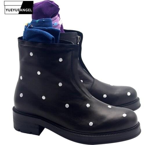2020 New White Polka Dot Black Men Ankle Boots Round Toe Zipper Fashion England Style Genuine Leather Boots 2020 Autumn Shoes
