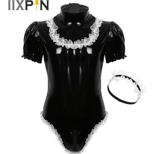 Men Sissy Maid Cosplay Costume Set Wet Look Patent Leather Leotard Bodysuit With Lace Headband Sissy Maid Uniform Sexy Outfit
