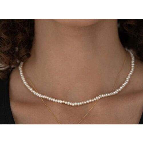 2-4mm white Natural pearl choker necklace gold clasp extend chain freshwater pearl Woman Jewelry 35cm 43cm 14'' 17