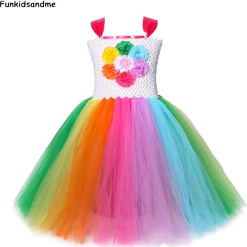 Rainbow Flower Girls Tutu Dress Lollipop Candy Girl Birthday Party Dress Fancy Halloween Holiday Carnival Costume for Kids 2-12Y