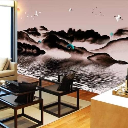Custom wallpaper hand-painted art ink mountain bird background mural high quality silk cloth