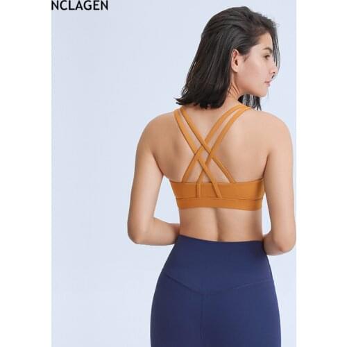 NCLAGEN Sports Bra Double Cross Back Training Workout Fitness Underwear Gym Running Push-up Crop Top Sexy Halter