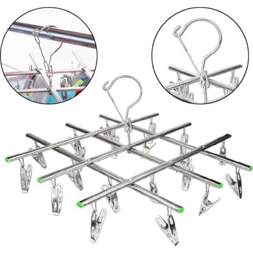 Windproof Laundry Hanger Collapsible Stainless Steel Hanging Rack 20 Clothespin Clothes Tie Socks Clips Hanging Rack
