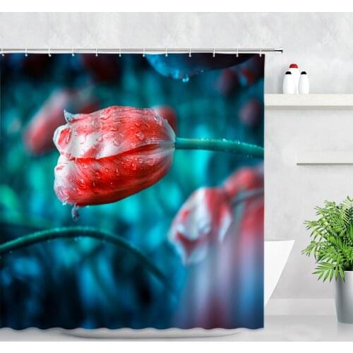 Red Tulip Flower Water Drop Pattern Waterproof Bathroom Shower Curtains Floral Plant 3D Natural Scenery Bath Cloth Curtain Decor
