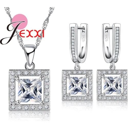 High Quality S925 Stamped Silver Jewelry Set For Women AAA Square Rhinestone Best Gift For Birthday Lady Lover