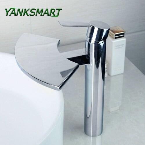 YANKSMART Fans Style Modern Brass Chrome Taps Widespread Waterfall Bathroom Basin Mixer Sink Faucet Water Tap