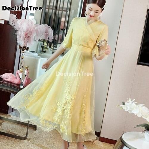 2021 womens v collar chiffon mesh cheongsam dress traditional chinese dress vintage floral embroidery qipao sundress vestido