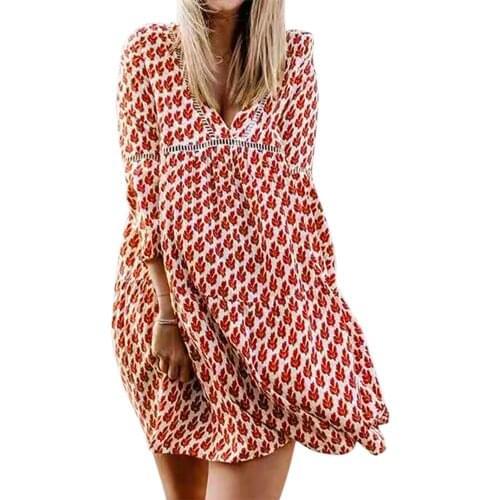 Summer Floral Print Women Loose Dress Sexy Deep V Neck Casual Three Quarter Sleeve Dress Elegant Lady Party Holiday Dresses D30