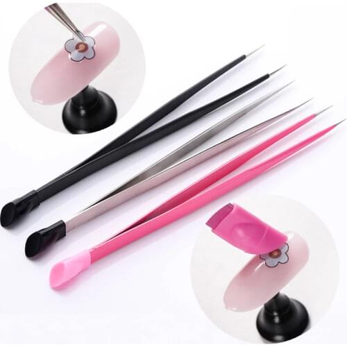 1pc 2 heads Straight Nail Tweezers with Silicone Pressing Head for 3D Sticker Rhinestones Water Sticker Picker Metal Nails Tools