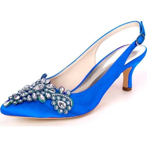 Only 1 pair SIZE 39 royal blue satin dress shoes small heels pointed toe bridal pumps wedding party prom slingback lace crystals