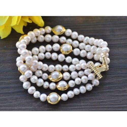 Z10629 4Row 8" 12mm White Round Freshwater Gold-Plating Pearl Bracelet