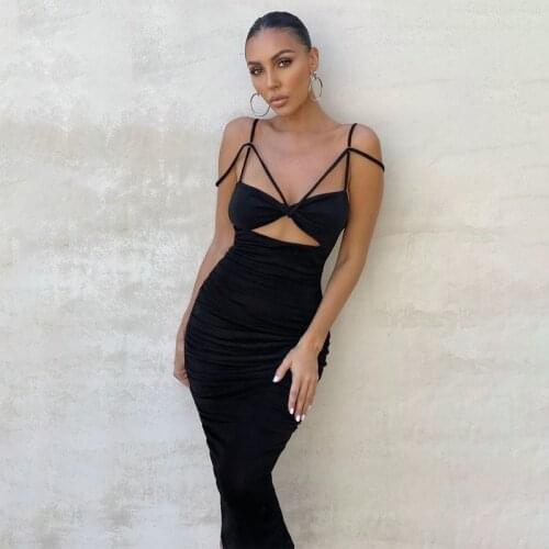 Black Sexy Sling Long Skirt For Women Solid color Sheath Hollow Out Wrapped Chest Slim Halter Pleated Birthday Party Dress