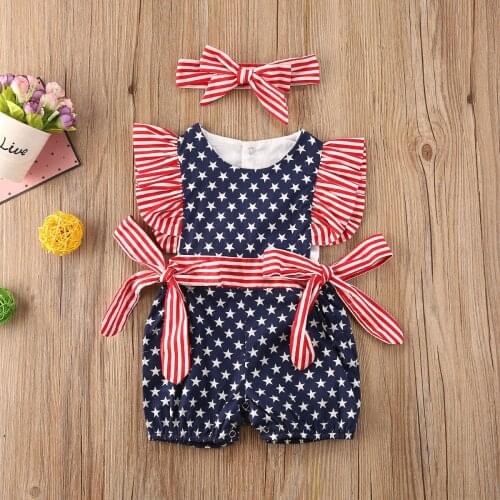 Infant Bow-knot Two-piece Outfit Girls Independence Day Fly Sleeve Round Neck Stars and Stripes Romper with Snaps Headband Set