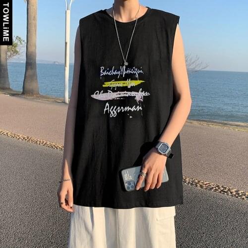 2021 Summer New Mens Letter Printed Tank Tops Korean Streetwear Man Loose Sleeveless T Shirts Male Casual Vest Shirts