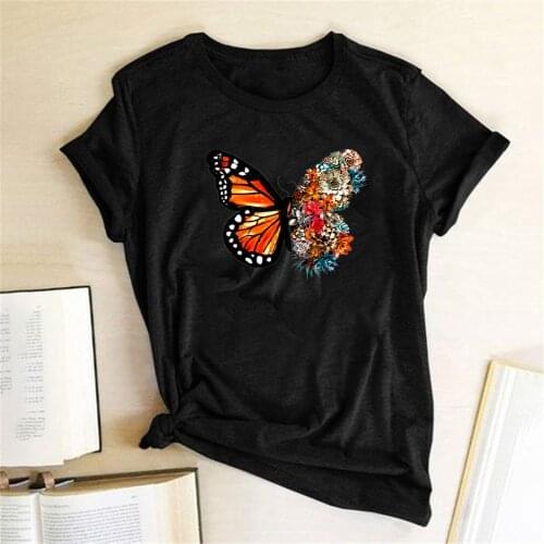 Butterfly Flowers Printing T-shirts Women Summer Clothes Tops for Girls Vogue Woman Tshirts Graphic Round Neck Camisetas Mujer