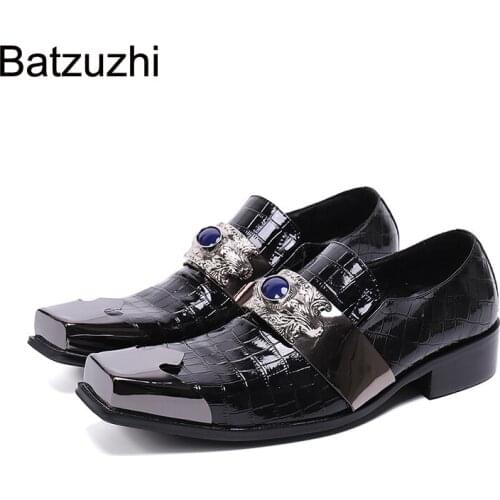 Batzuzhi Italian Leather Mens Dress Shoes Vintage Metal Pointed Toe Chaussure Homme Luxury Black Business, Party Shoes Men