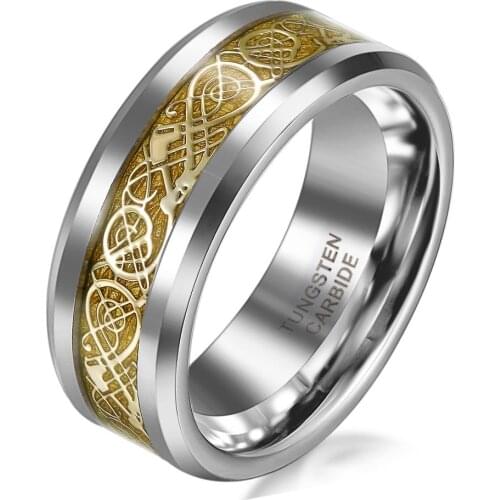 BONISKISS 8mm Tungsten Carbide Wedding Rings Gold Celtics Dragon Inlay Engagement Bands Mens Ladies Charms Jewelry Comfort Fit