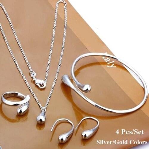 4Pcs/Set Fashion Women Charm Necklace Earrings Opening Ring Bracelet Jewelry Set Bride Wedding Womans accesories 2020