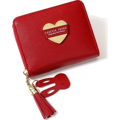 Leather Women Mini Wallet Casual Personality Zipper Tassel Coin Purse Card Holder Ladies Female Heart Pattern Wallet