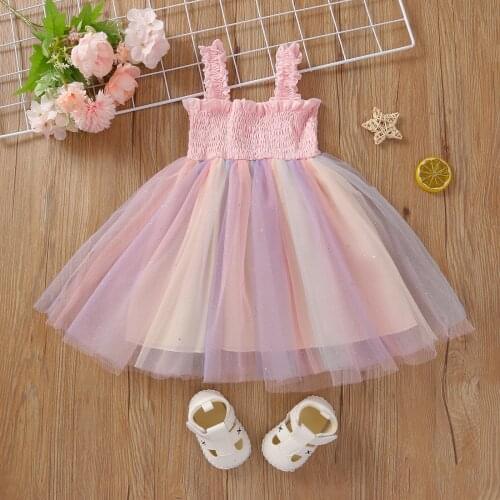 Summer Little Girls Sweet Mesh Rainbow Dress Children Creative Splicing Sleeveless Suspender Shiny Princess Dress