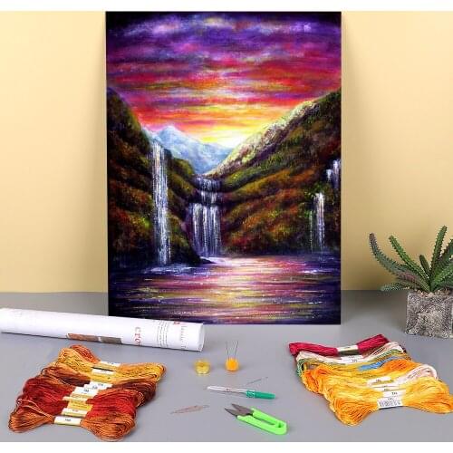 Natural Scenery Sunset Falls Printed Fabric 11CT Cross Stitch Kit DIY Embroidery DMC Threads Needlework Sewing Gift