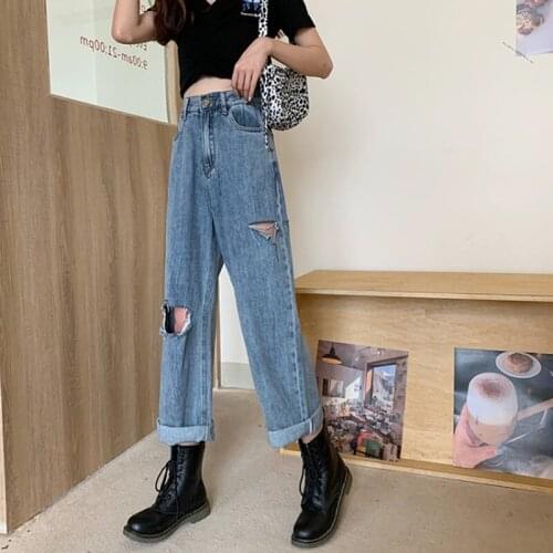 2021 New Womens Spring Baggy Elastic Force High Waist Denim Trouser Vintage Casual Girl Student Straight Ripped Jeans Pants