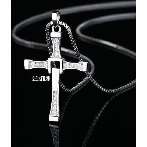Fast and Furious Cross Pendant Necklace for Men S925 Sterling Silver Inlaid Zircon Rotatable Fashion Punk Rock Style