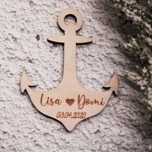 Beach wedding anchor favor Custom engraved sea tag Wooden table setting cards Personalized table place Laser cut guest names