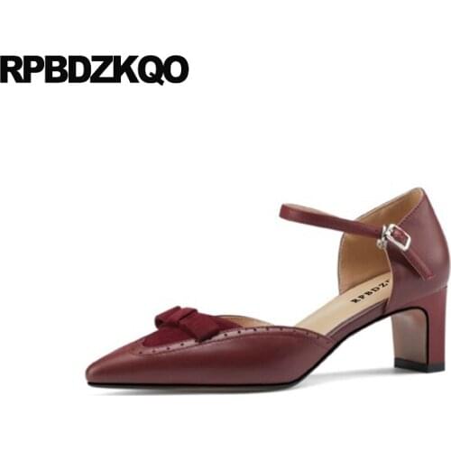 Plus Size Suede Brogue Bridesmaid Girls Chunky 11 Bow Pumps Medium Heels High Sandals 10 Wine Red Women Ankle Strap Dress Shoes