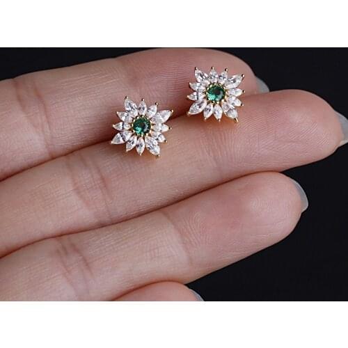 Luxury Female Small Green Stone Earrings Real 925 Sterling Silver Gold Wedding Earrings For Women Double Stud Earrings